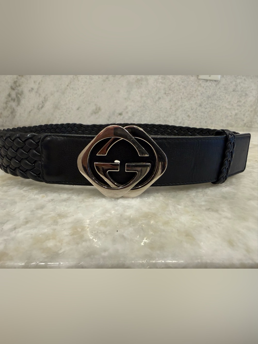 Gucci Black Woven Leather Belt with Silver Logo Buckle Size 85 (34)